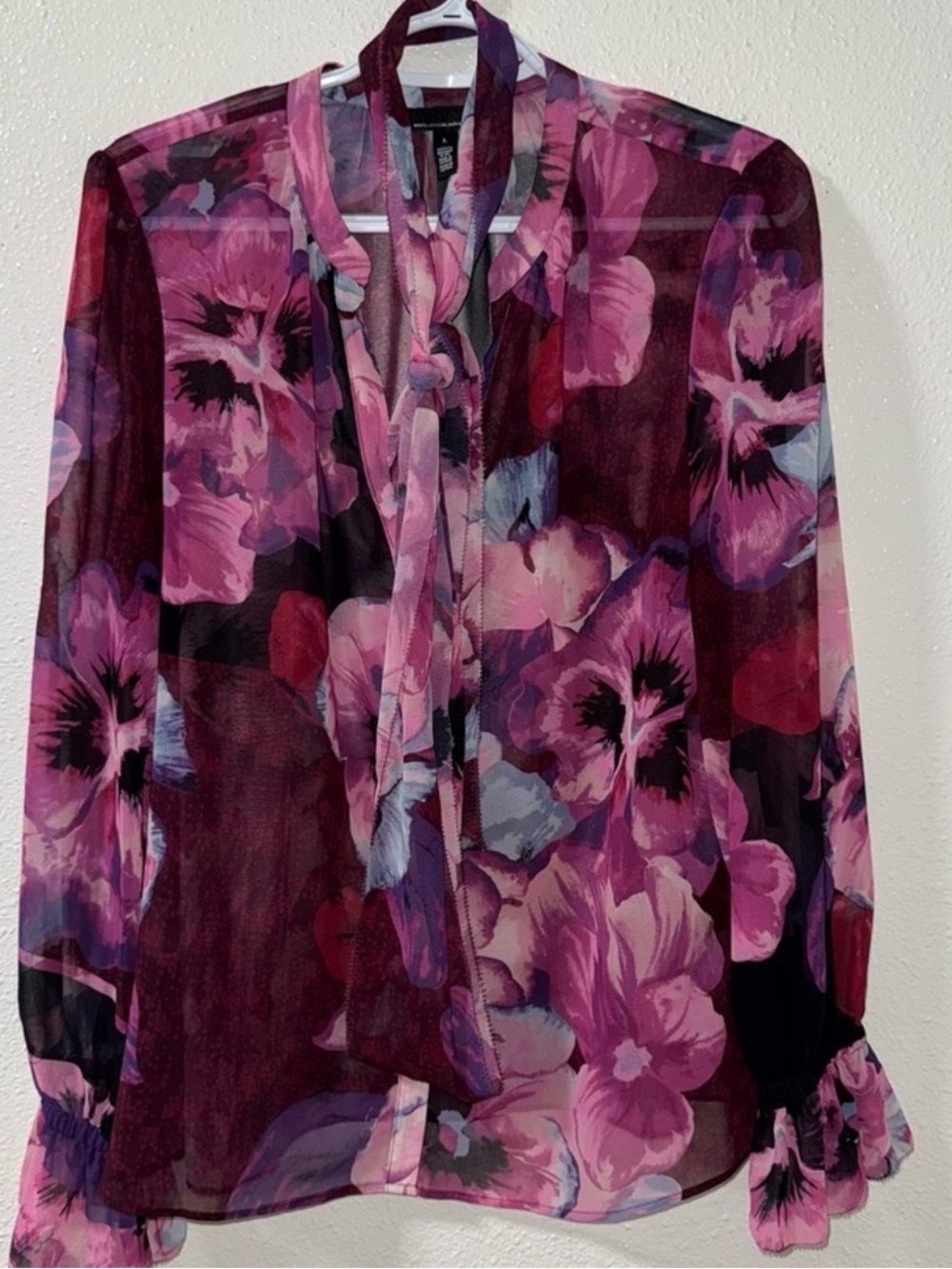 White House Black Market Purple Floral Tie-Neck Blouse - Picture 4 of 8